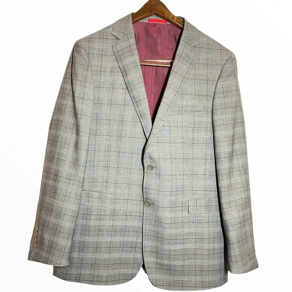 Super 150's 100% Australian Wool 2 Piece Suit Plaid Gray Red 36x34 54R